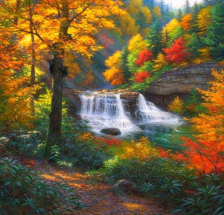 â˜…Bear Valleyâ˜… - valley, bears, autumn, trees, animals, creative pre-made, painting, paintings, wildlife, forests, falls, waterfalls, lovely, nature, cubs, love four seasons, beautiful, scenery, colors, fall season