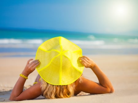 Splash of Summer - women, sky, ocean, beach, hat, sun, sand, waves