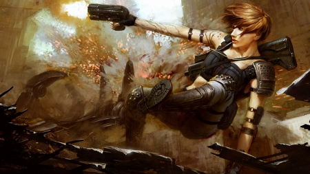 woman warrior - woman, gun, leather, warrior