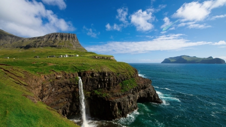 Ocean Cliff and Waterfall - nature, oceans, waterfalls, cliffs