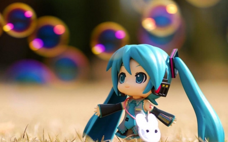 Hatsune Miku - hatsune miku, rabbit, figure, vocaloid, bag, bubbles, cute