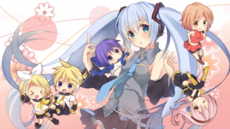 Vocaloid - Cute, Vocaloid, Meiko, Female, Kaito, Hatsune Miku, Megurine Luka, Chibi, Len Kagamine, Rin Kagamine, Flower, Male