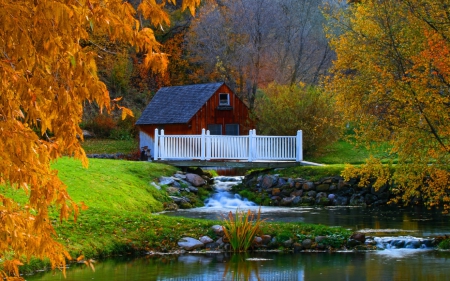 Old Watermill at Autumn - fall, house, trees, water, creek, colors, stones, bridge