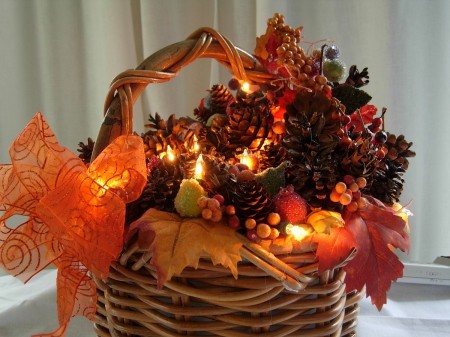 Autumn Greetings - basket, lights, pinecones, fruits, leaves