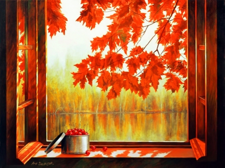 Autumn view - season, autumn, room, colorful, foliage, painting, fall, view, art, window, pretty, tree, lake, lovely, berries, nature, beautiful, red, leaves