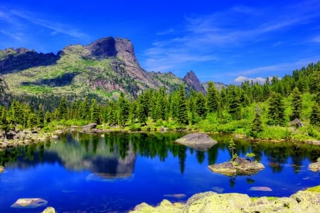 Lake serenity - mirror, rocks, greenery, cliffs, landscape, beautiful, serenity, blue, lake, sky, calmness, trees, nature, mountain, tranquil