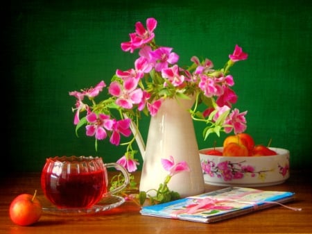 Letters from mom - mother, beautiful, bouquet, vase, juice, harmony, letters, mom, child, delicate, pretty, flowers, fruits, still life, love, wine, lovely