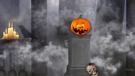 Twas a Dark Foggy Night - jack o lantern, fog, raven, Halloween, pumpkin, death, tomb stones, skull, cemetery, spooky, crow, mist, candles, graves