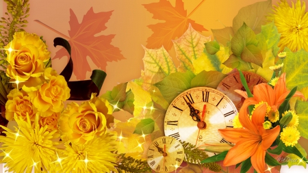 First Day of Fall - lilies, autumn, roses, astors, time, gold, fall, leaves, orange, clock, ribbon, flowers