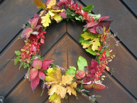 Autumn Wreath - door, leaf, colors, wood, wreath, autumn