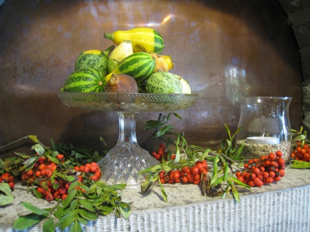 Autumn Decoration - autumn, candle, pumpin, colors, plate, berries