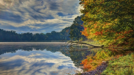 Autumn - clouds, trees, water, colors, forest, walk, leaves, fall, colorful, river, nature, autumn, autumn splendor, lake, sky, park