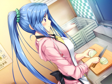 Spicing Up the Meal! - Blush, Night, Dinner, Knife, Anime, Apron, Purple Eyes, Long Hair, Ponytail, Onions, Bow, Wallpaper, Blue Hair, Erect