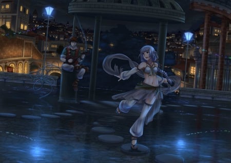 Sound on the Night - pretty, singing, anime, female, scene, maiden, night, light, dark, sing, dancing, nice, house, anime girl, towbn, beautiful, hot, girl, city, beauty, lovely, sweet, darkness, scenert, dance, sexy, building