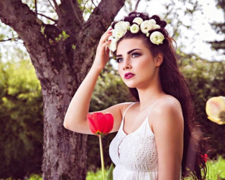 Beautiful Woman - woman, tree, flowers, model