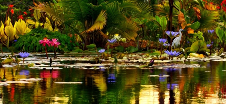 Springtime At The Pond - lake, spring, foliage, bird, reflection, beautiful, colors, flowers, paintography