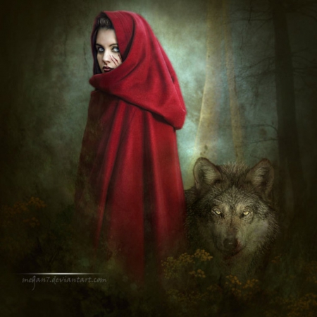 A Strange Friendship - red, wolf, lady, fantasy