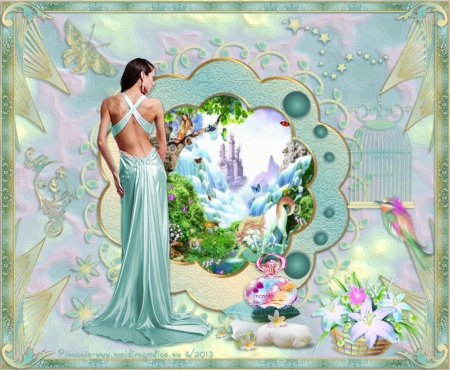 EMERALD LAND - female, emerald, animals, dress, butterflies, birds