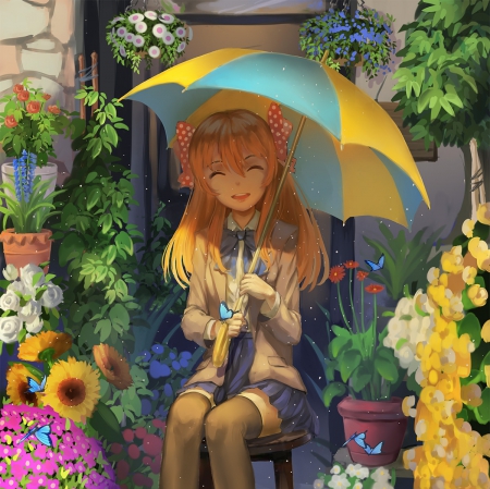 Happy Flower - flower, cute, blond hair, happy, blossom, blonde, anime girl, adorable, sit, girl, umbrella, smiling, blond, blonde hair, shop, floral, blouse, pretty, kawaii, sweet, anime, hd, flower shop, stall, sitting, cg, long hair, nice, lovely, smile, female