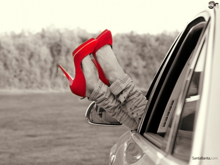 ;) - red, woman high, shoe, car