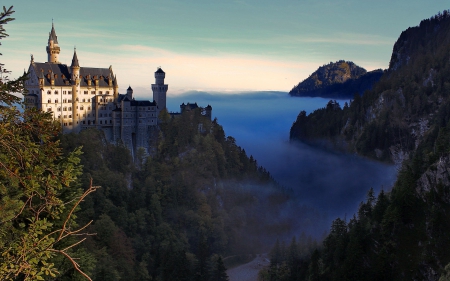 Neuschwanstein Castle, Germany - foggy, forest, castle, germany