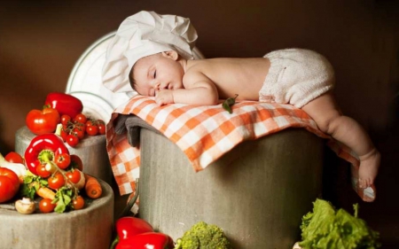 Little Chef - vegetables, sleeping, cute, baby