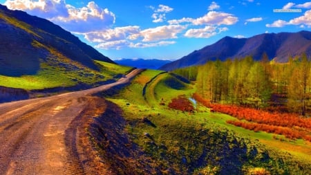 Clear Blue Sky over Mountain Road in Autumn - nature, sky, autumn, trees, roads, mountains