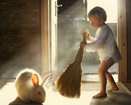 Cute Child - child, rabbit, cute, door