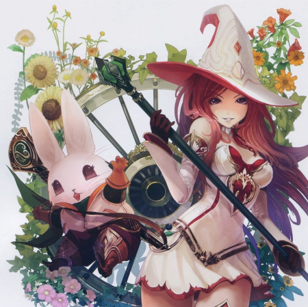 White Bunny - pretty, female, blossom, maiden, red hair, weapon, nice, hot, beauty, bunny, flower, witch, cg, lady, cute, floral, sexy, ebautiful, wand, anime, kawaii, long hair, rod, splendid, gorgeous, hd, rabbit, anime girl, realistic, staff, girl, lovely, sweet, redhead, awesome, adorable