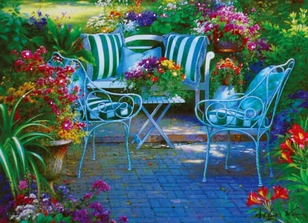 Rest in the garden - pretty, summer, chairs, cozy, home, flowers, garden, sit, art, beautiful, coffee, table, tea, morning, lovely, rest, time, painting, pleasant