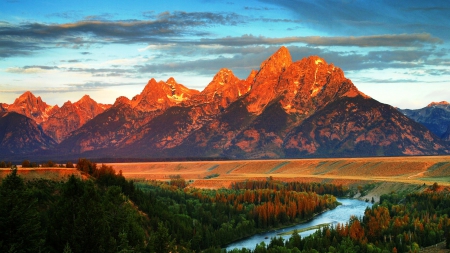 Snake River, Grand Tetons, Wyoming - clouds, national park, trees, water, autumn, landscape