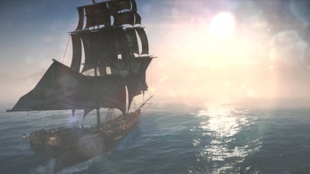 Assassins Creed Black Flag - sailing, Black Flag, pirate, ship, Assassins creed, sea, sunrise, sun