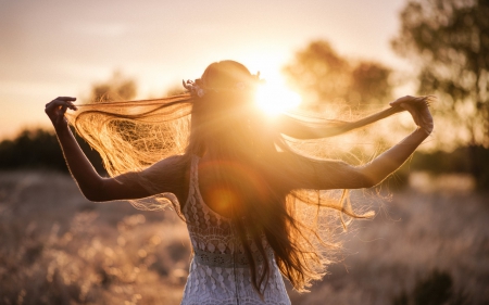 Happy Autumn ♥ - beautiful, photography, girl, hair, happy, sunset, woman, field, sun