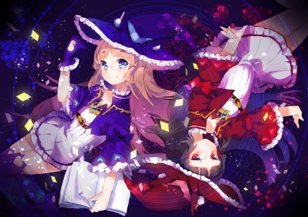 ~Double Trouble~ - witches, pretty, dresses, anime, book, hats, thighhighs, red eyes, glasses, friends, blue eyes