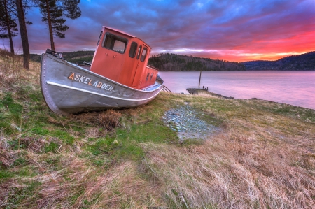 Askeladden - water, boat, landscape, colors, sunset, nature, grounded, lake, sky