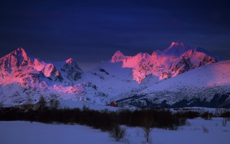 Pink Sunset over Snow-Covered Mountains - hdr - nature, pink, snow, sunsets, mountains