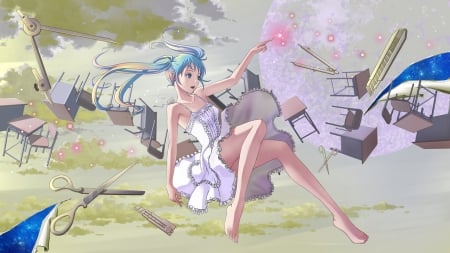 Hatsune Miku - anime, vocaloid, desks, dress, hatsune miku, long hair, blue hair, ponytails, barefoot, blue eyes