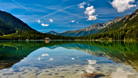 Calm And Crystal Water - lake, italy, summer, mountains, forest, reflection, clouds, beautiful, alps