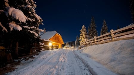 House at top of Hill in Winter - nature, houses, hills, trees, snow, winter, fences