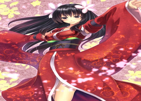 Red Kimono - girl, japan, red, long hair, oriental, kimono, japanese, orginal