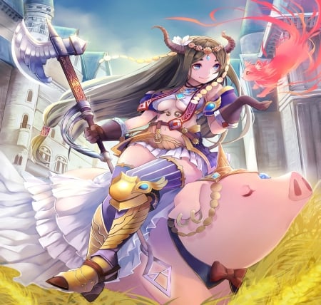 Fantasy Warrior - pig, fantasy, animal, warrior, girl, orginal, weapon, long hair