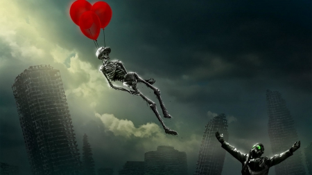 flying skeleton - skeleton, red, balloon, sky