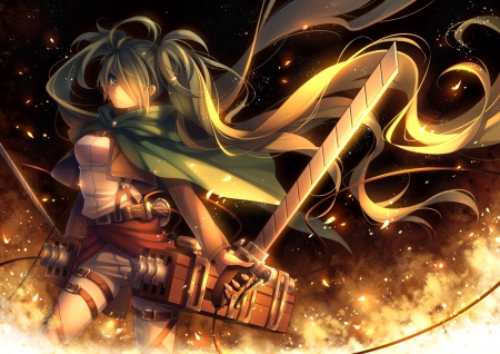 Shingeki no Vocaloid - nice, beauty, female, twintail, anime girl, shingeki no kyojin, blade, miku hatsune, pretty, anime, miku, sword, twin tail, ty, hatsune miku, girl, twintails, long hair, lovely, attack on titan, cg, hatsune, vocaloids, hd, twin tails, vocaloid, beautiful, weapon, sweet, green hair, crossover