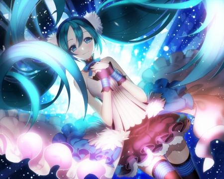 Hatsune Miku - pretty, anime, vocaloid, twin tail, female, miku hatsune, twintail, dress, hatsune miku, long hair, blue hair, nice, twin tails, gown, anime girl, twintails, beautiful, girl, beauty, lovely, sweet, miku, aqua hair, hatsune, vocaloids