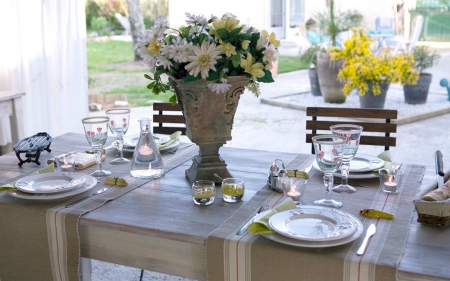 Table Setting - flowers, vase, table, plate