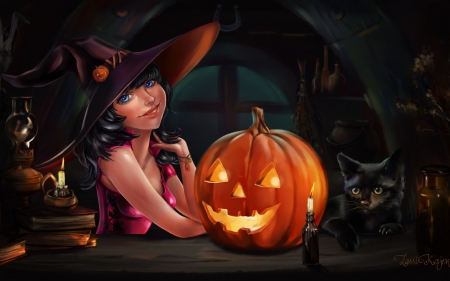 Witch - black cat, hat, girl, pumpkin, dovleac, magic, altar, fantasy, halloween, witch, sorceress, dark, vrajitoare, orange, jack-o-lantern