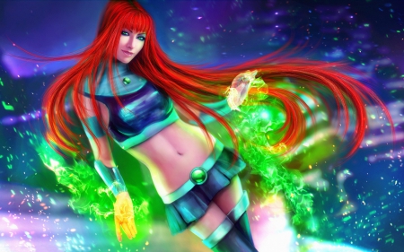 Fantasy girl - starfire, fantasy, redhead, blue, woman, green, girl, art