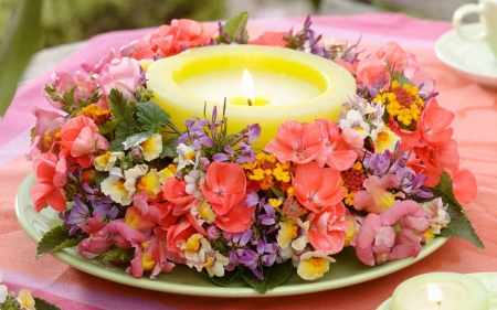 Flowers and Candle - candle, flowers, plate, petals