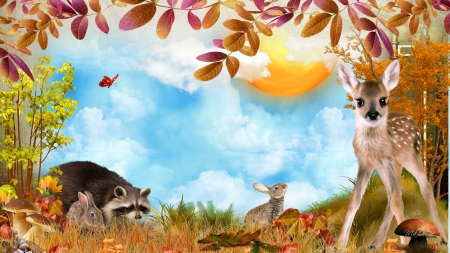 Fawn Friends Fall - clouds, fawn, rabbits, sunshine, raccoon, leaves, tree, fall, autumn, deer, bunnies, foliage, sky