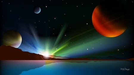 Aurora Space - space, planets, moons, aurora borealis, lake, mountains, stars, sky